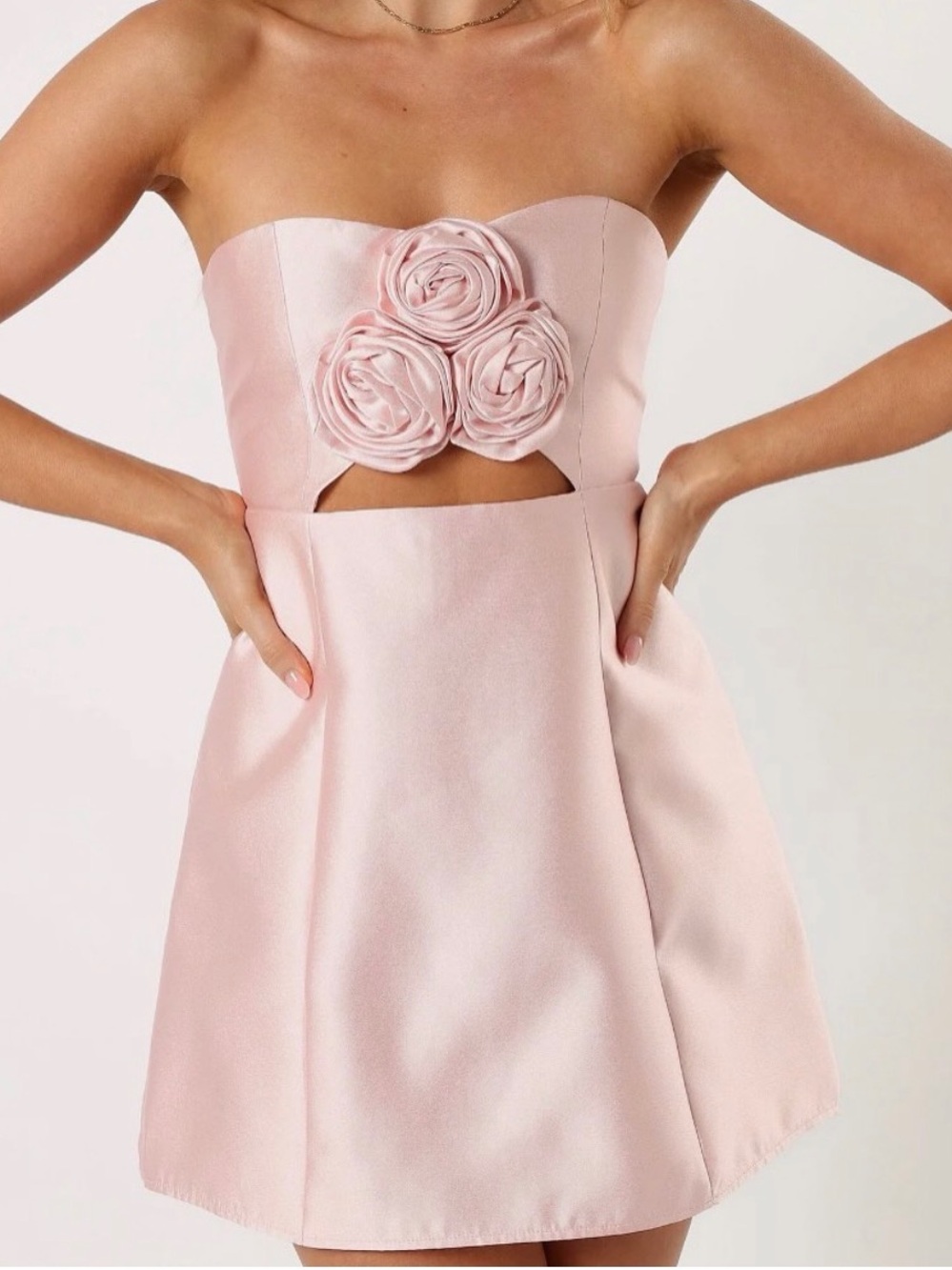Strapless Blush Pink Rosette Cutout Mini Dress